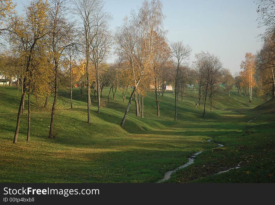 Autumn. Green grass. Birch trees. A small brook flows trough a low-lying ground.