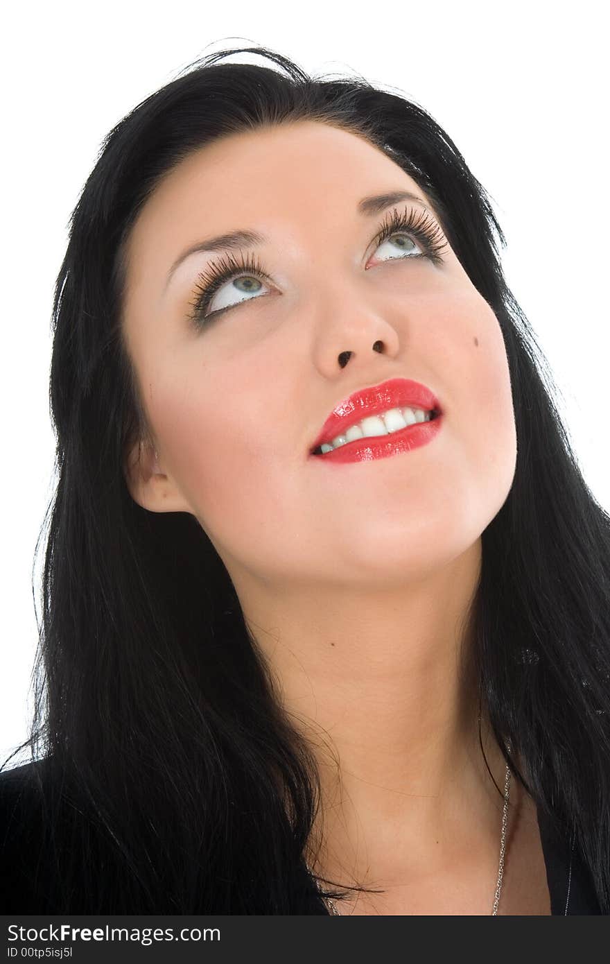 Portrait of the brunette with blue eye on white background