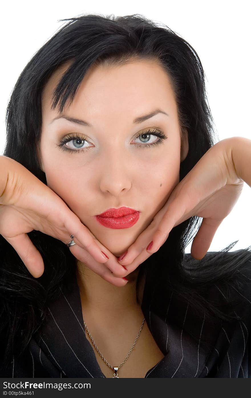 Portrait of the brunette with blue eye on white background