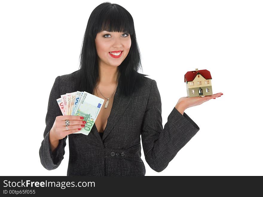 Business woman advertises real estate on white background