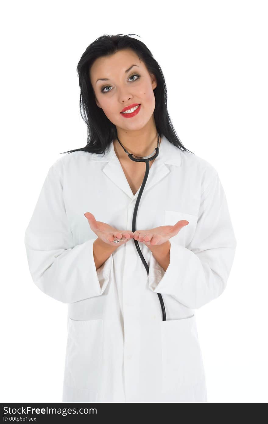 Young doctor with stethoscope on white background