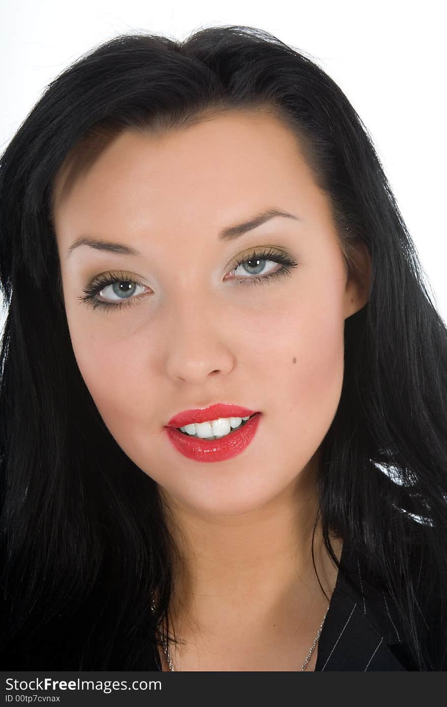 Portrait of the brunette with blue eye on white background