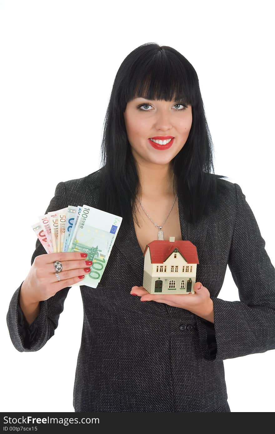 Business woman advertises real estate on white background