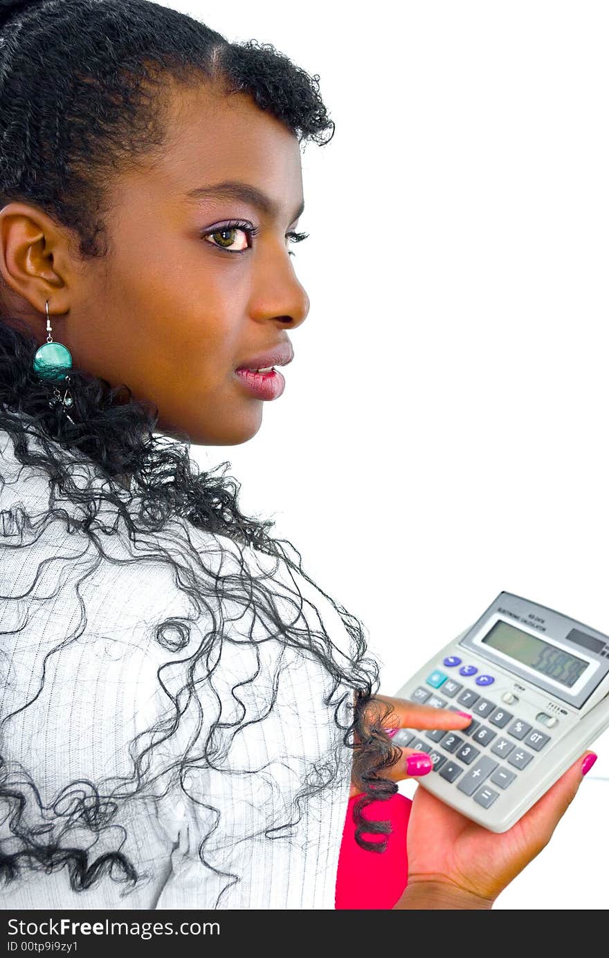 Lovely young office girl with a calculator