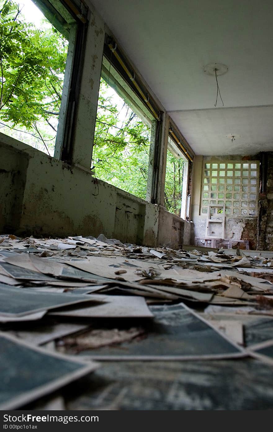 A lot of old post card in a ruined hall. A lot of old post card in a ruined hall