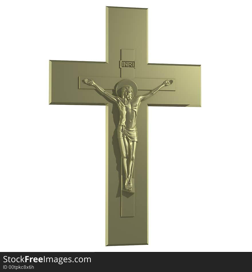 Golden Catholic Cross with the Crucifixion. Side view. 3D Render.