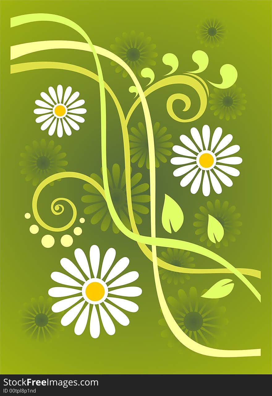 Green stylized background with flowers and leaves. Green stylized background with flowers and leaves.