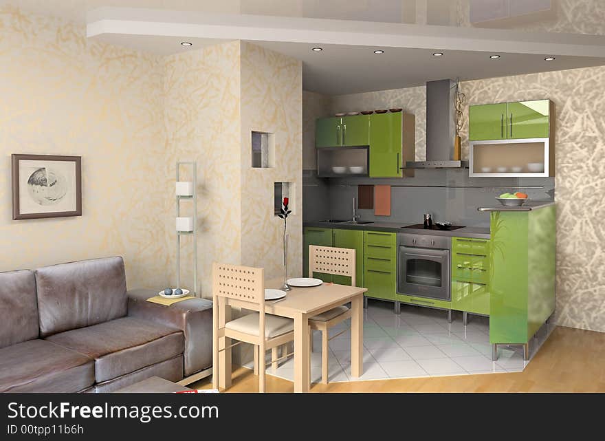 The modern kitchen interior design (3D rendering)