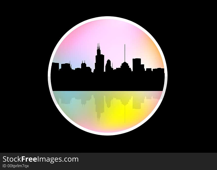 A colorful abstract medallion cityscape in black background