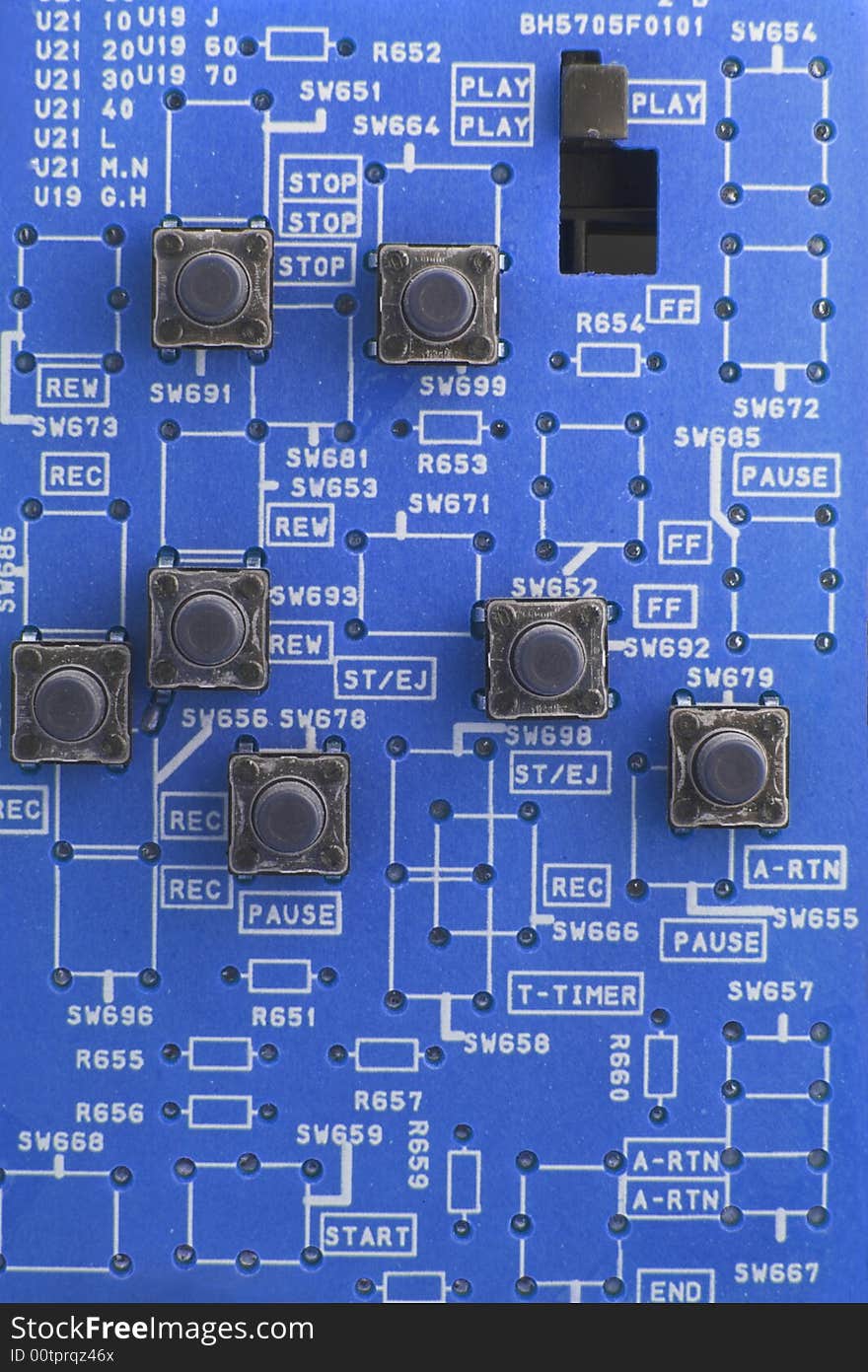 Blue Circuit board with lots of writing and buttons. Blue Circuit board with lots of writing and buttons