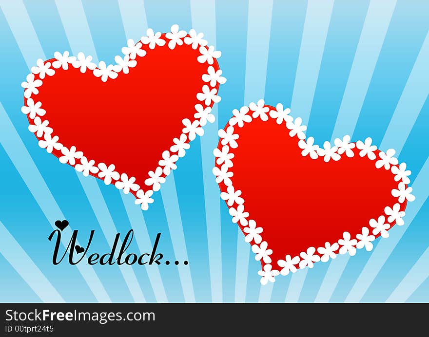 Illustrated wedlock floral hearts in blue rays background