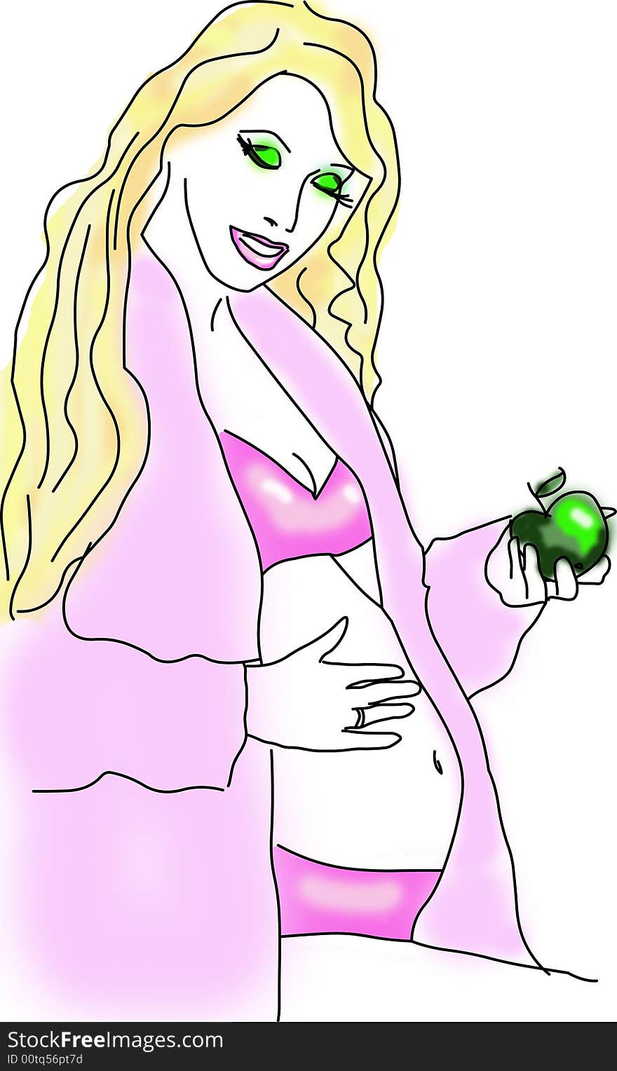 The pregnant woman with apple. Linear figure.