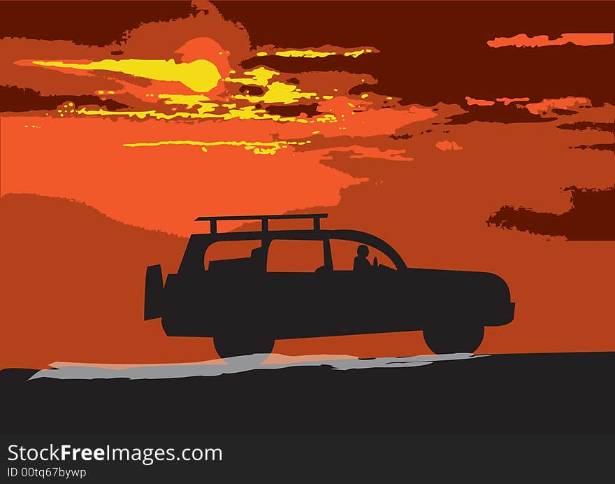 Illustration of a car traveling through the desert