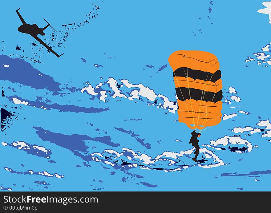 Illustration of a parachuist on sky background, and a silhouette of an airplane. Illustration of a parachuist on sky background, and a silhouette of an airplane