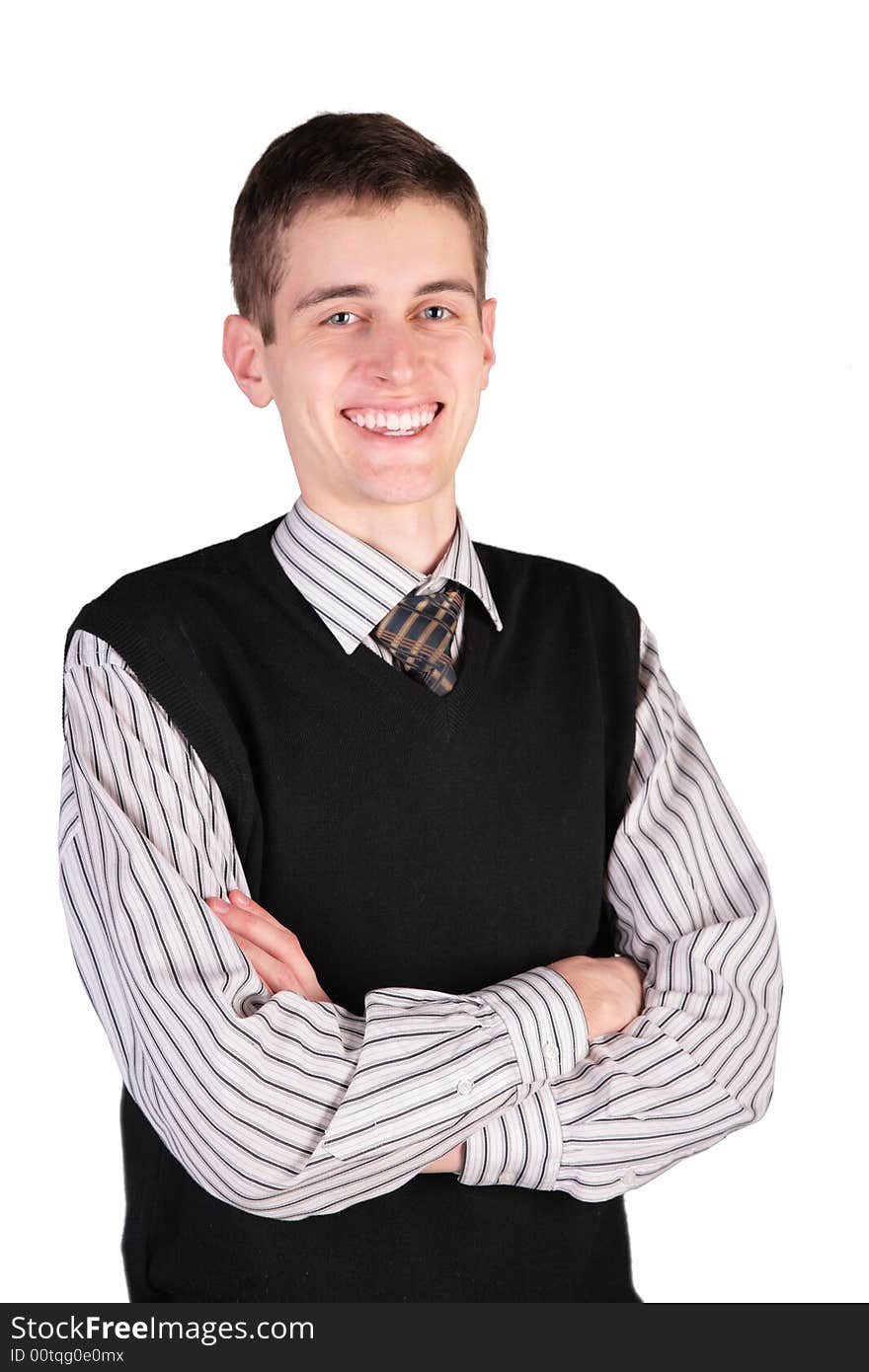 Smiling guy in black vest on white