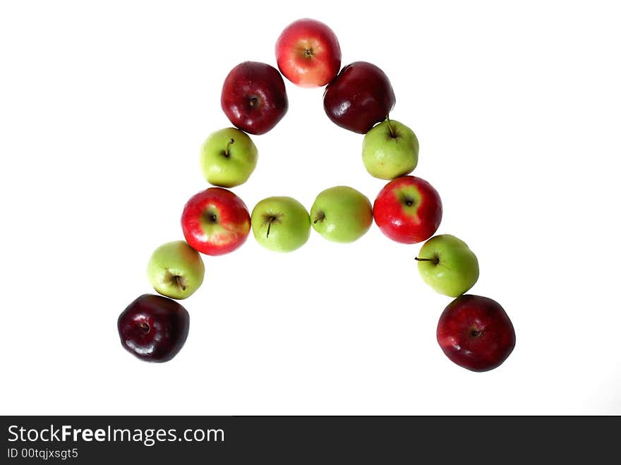 Red and green juicy apples make the letter A. Red and green juicy apples make the letter A.