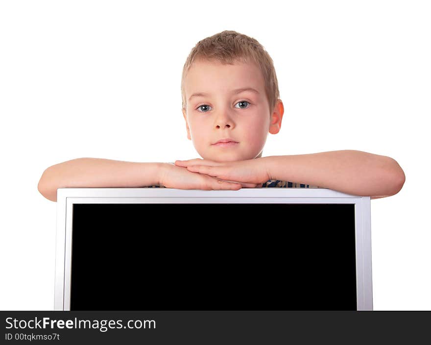 Boy with display on white