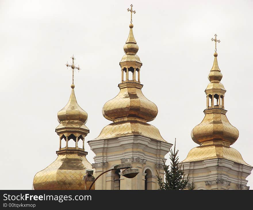 Golden orthodox russian church cupolas dome. Golden orthodox russian church cupolas dome