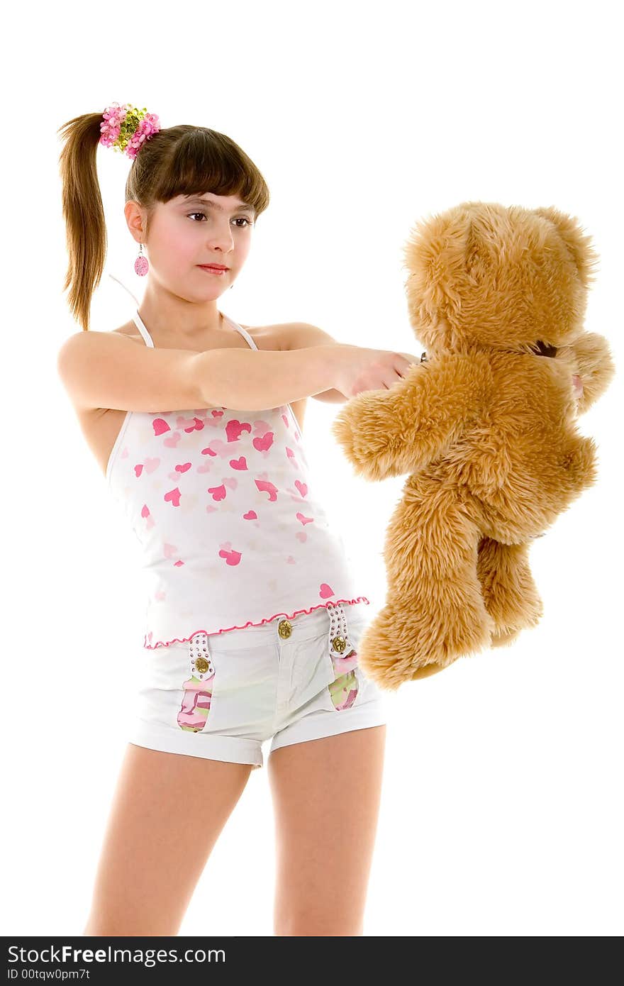 Happy girl with toy isolated over white background