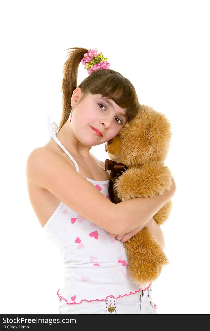 Happy girl with toy isolated over white background