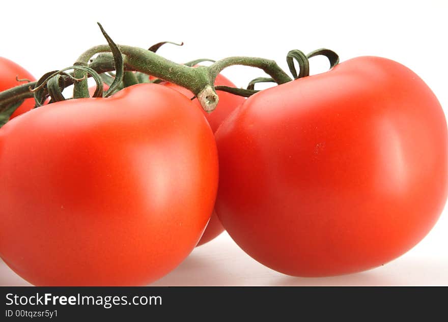 Fresh picked red vine tomatoes white background. Fresh picked red vine tomatoes white background