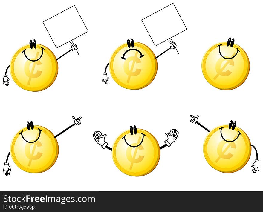 An illustration featuring your choice of 6 cartoonish gold coin cent characters in various poses and moods - holding signs, smiling, sad, thumbs up, pointing and armless. An illustration featuring your choice of 6 cartoonish gold coin cent characters in various poses and moods - holding signs, smiling, sad, thumbs up, pointing and armless