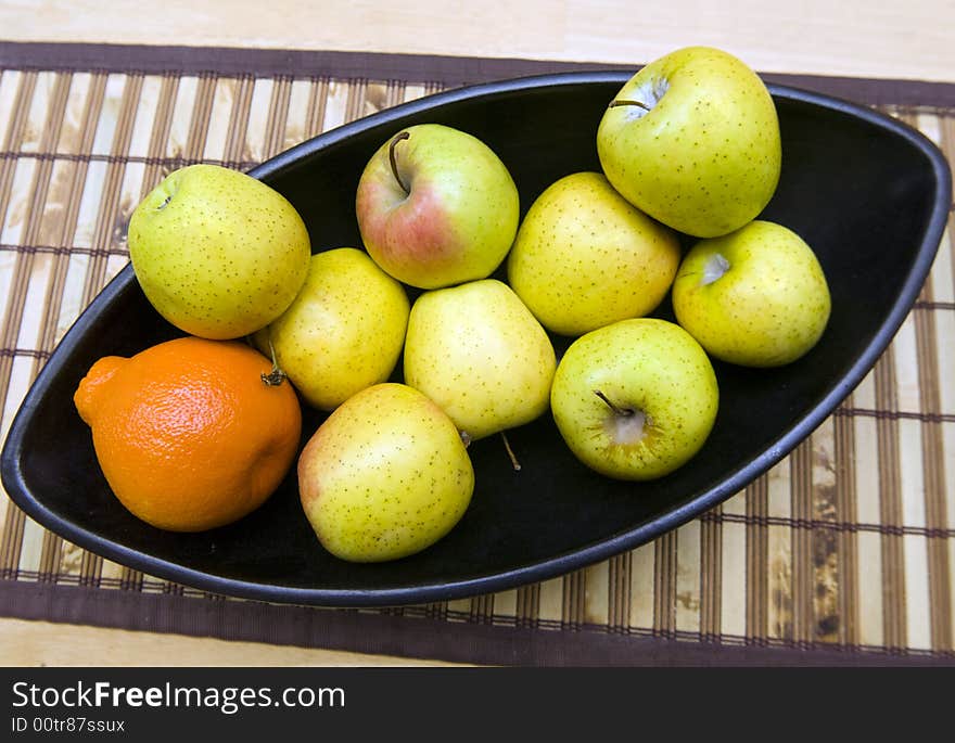 Black Japanese Vase With Apples And Tangerine