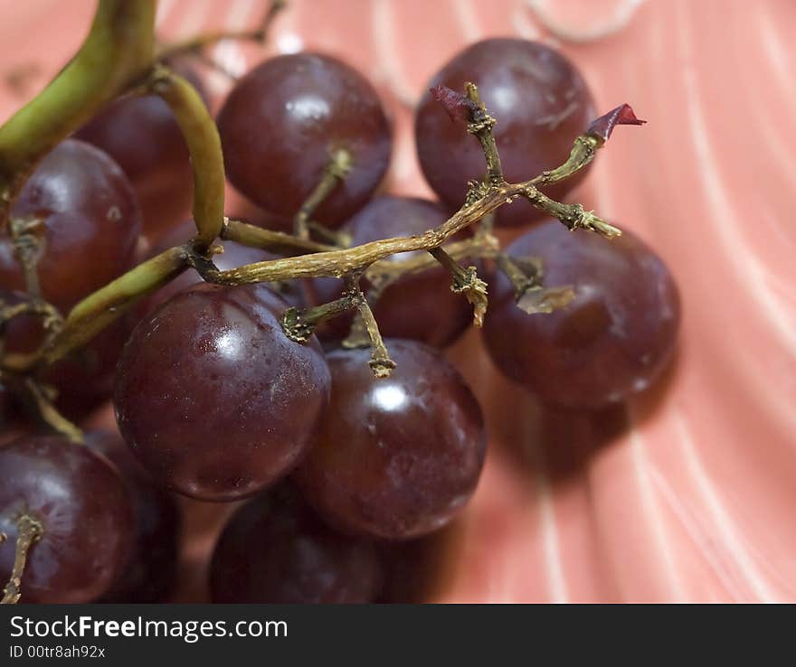 Macro close-up of red vine grapes served at; pink vase