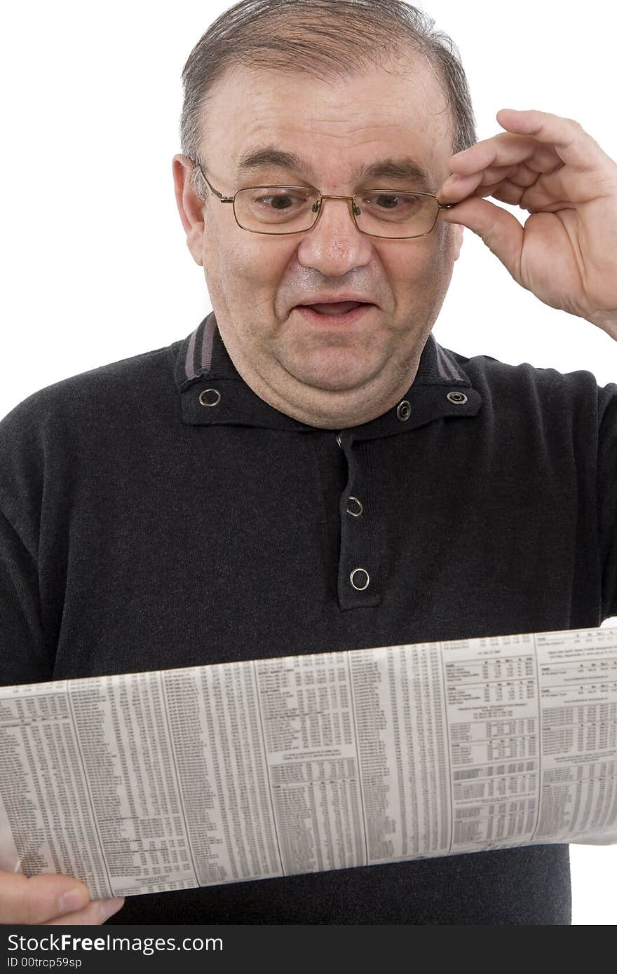 Old man reads messages in front of a white background. Old man reads messages in front of a white background