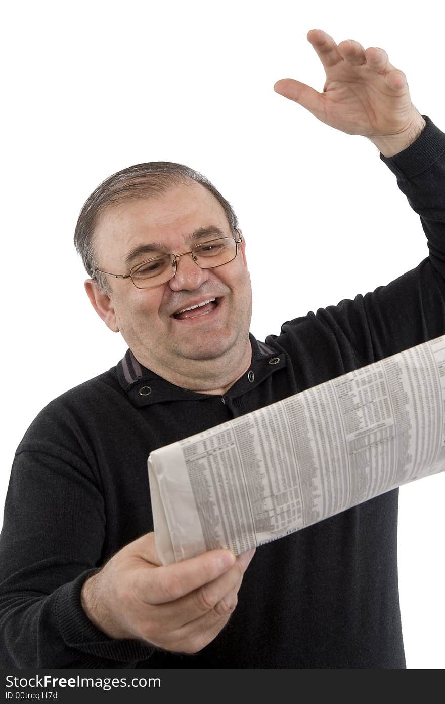 Old man reads messages in front of a white background. Old man reads messages in front of a white background