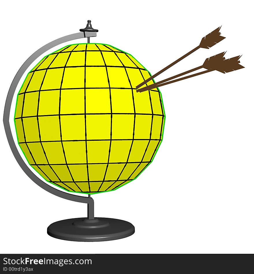 The globe punched by arrows on white background. 3D image.