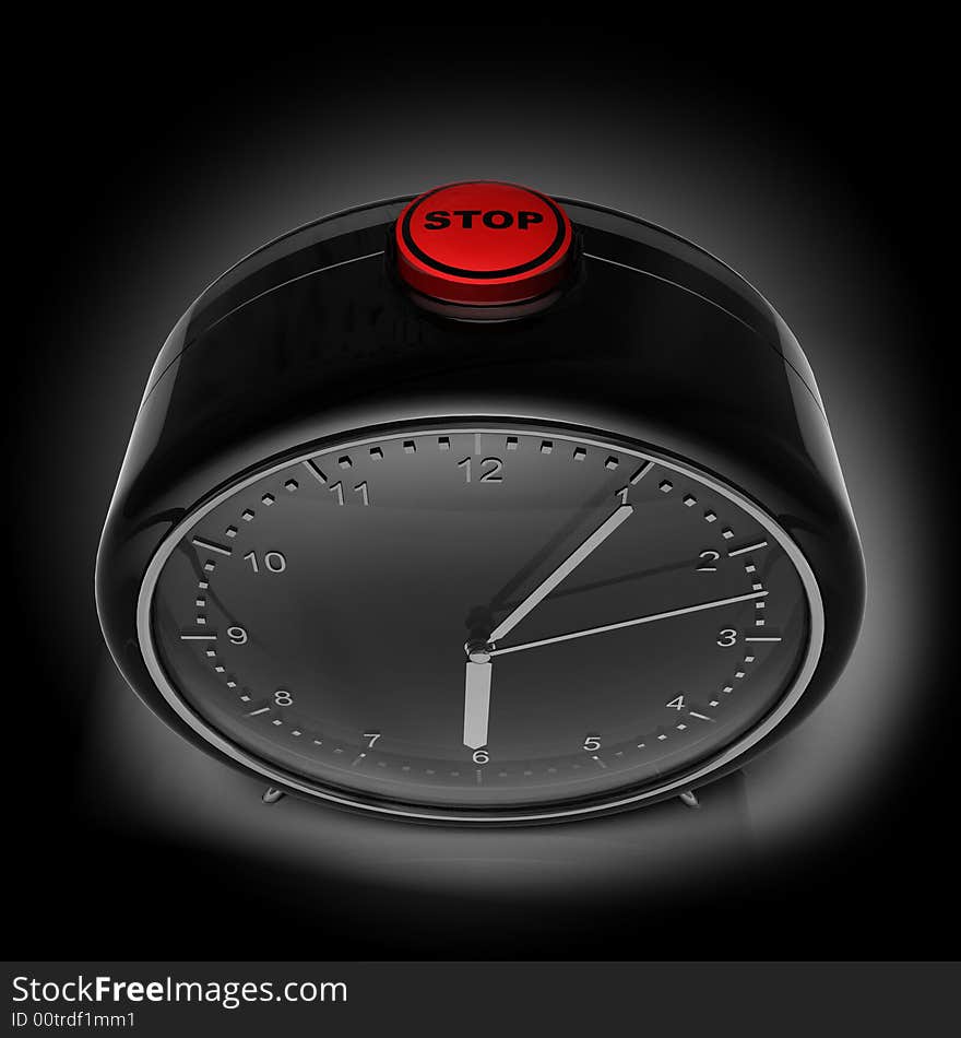 Black alarm clock with red button on black background