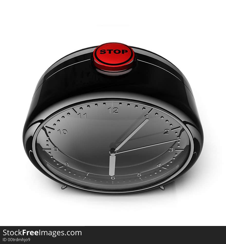 Black alarm clock with red button on white background