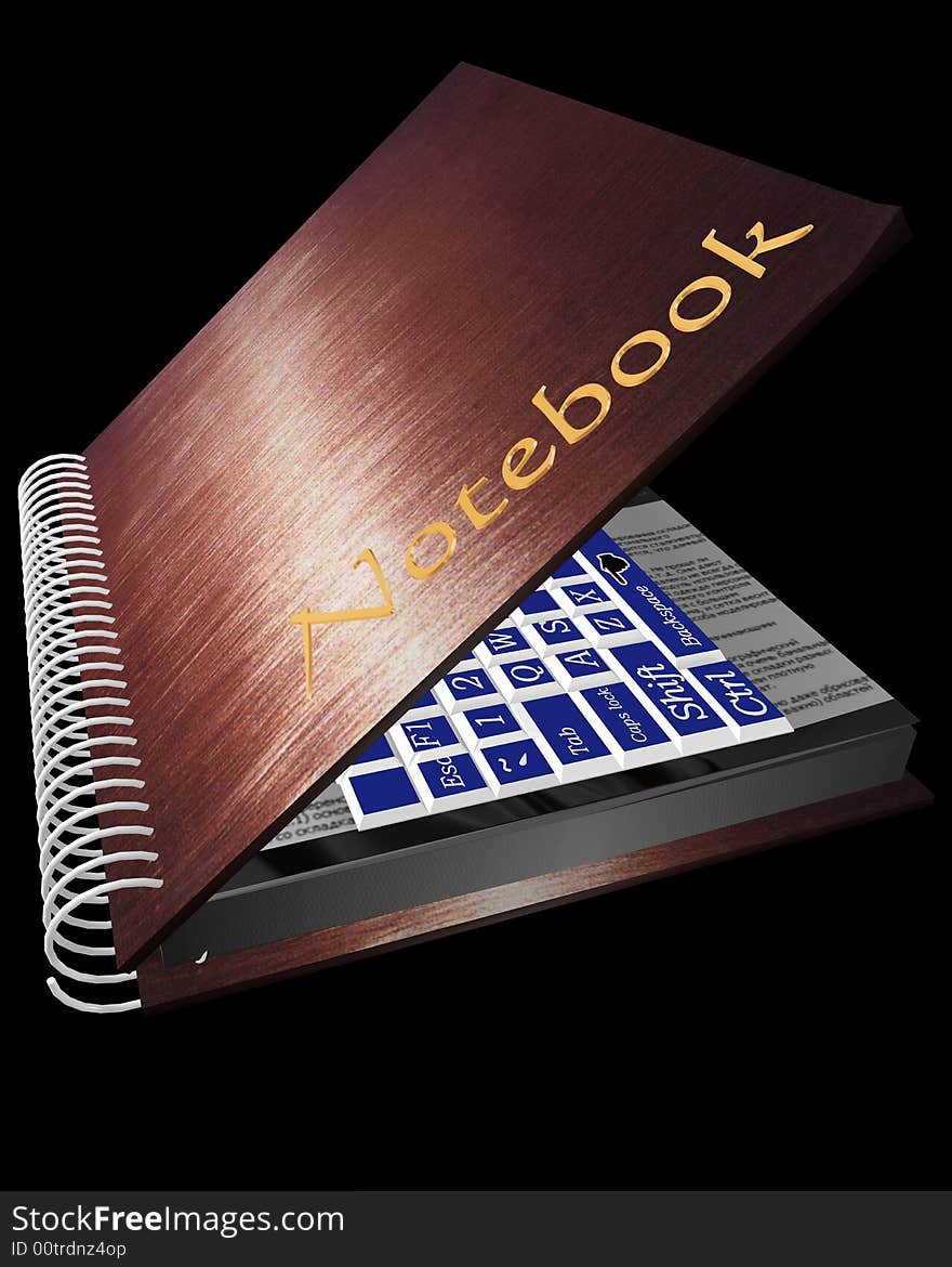 The note book with the keyboard on a black background. 3D image.