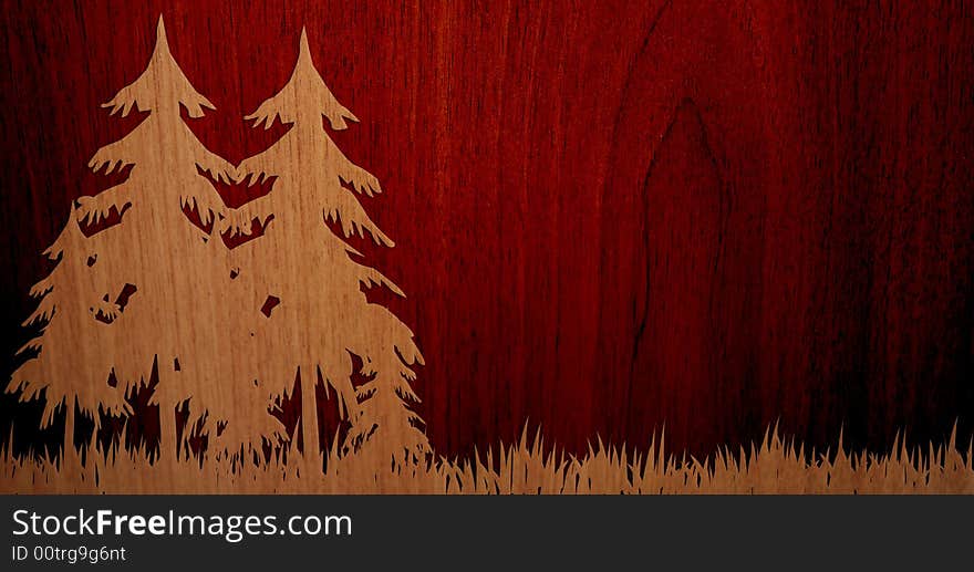 It's the illustration, on a wood background, of a pleasant wood, with trees and grass. It's the illustration, on a wood background, of a pleasant wood, with trees and grass.