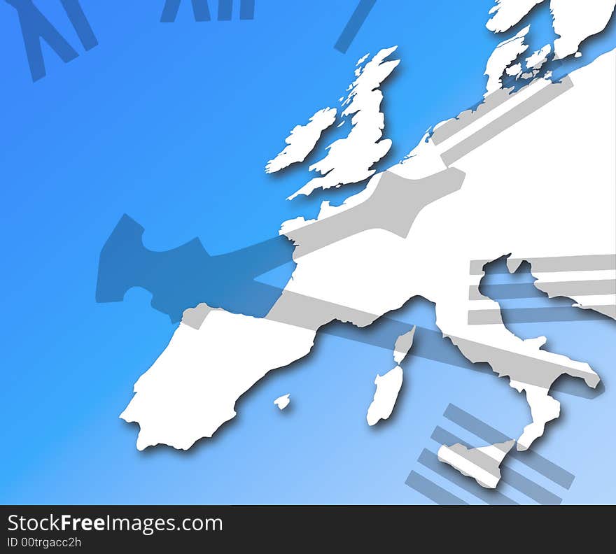 Composite image on clock face overlaid over map of Europe. Composite image on clock face overlaid over map of Europe