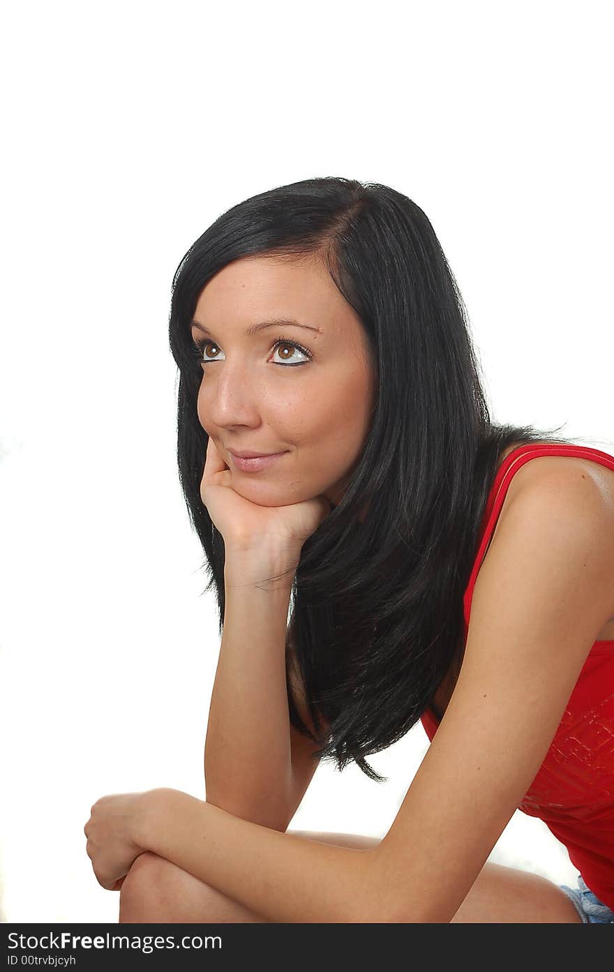 Young fitness woman thinking isolated background