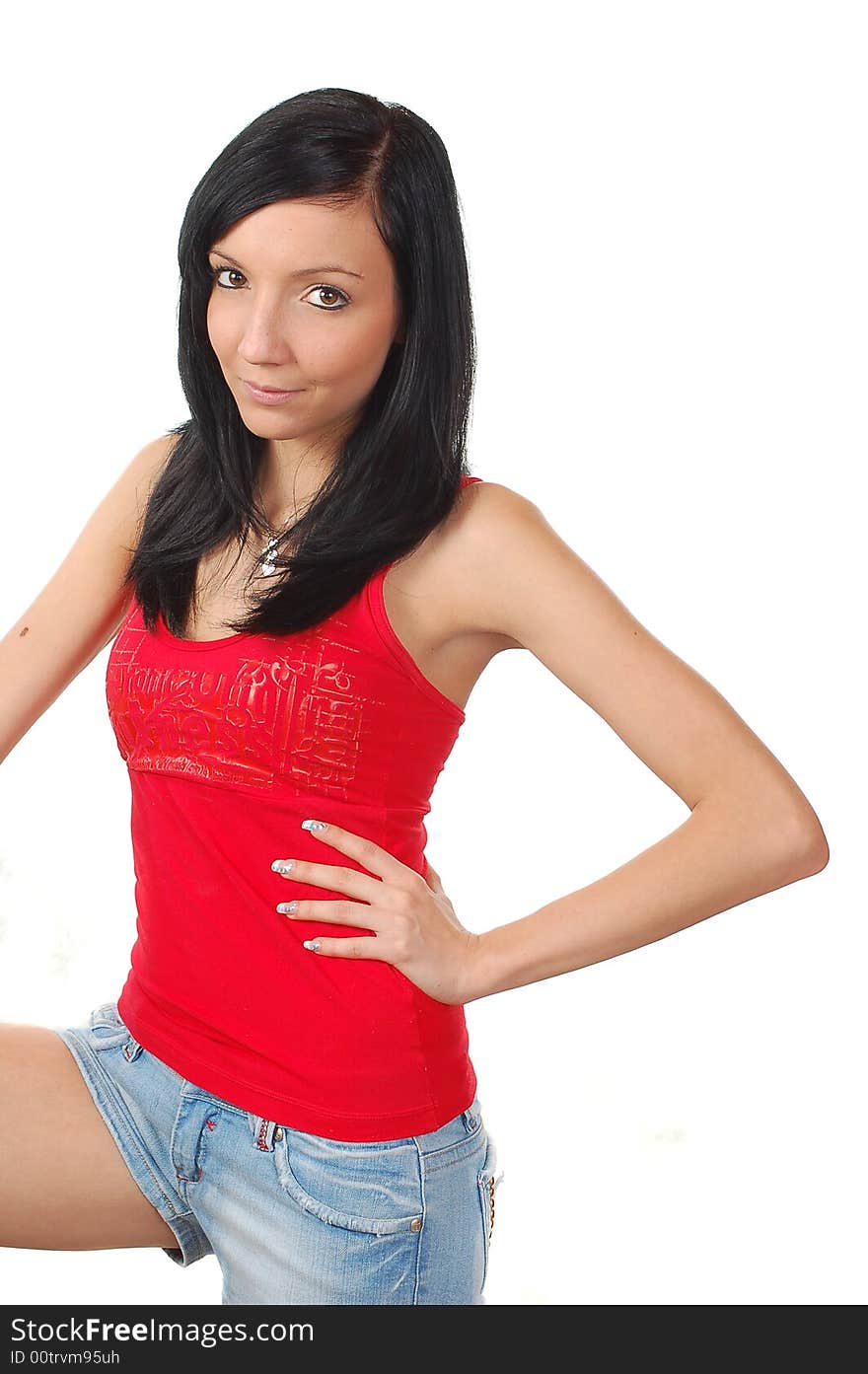 Fitness girl isolated background red shirt