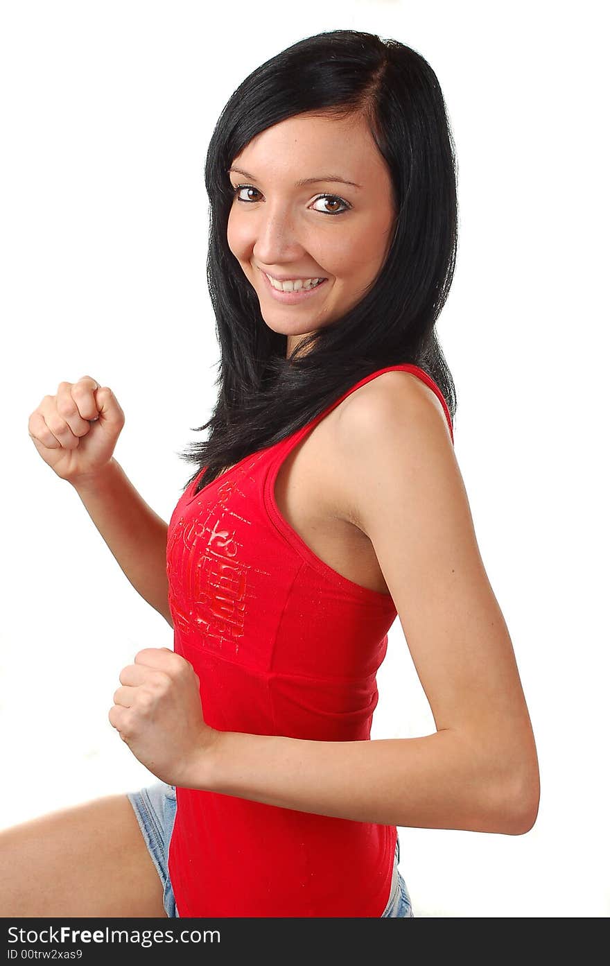 Fit girl smile and move black hair