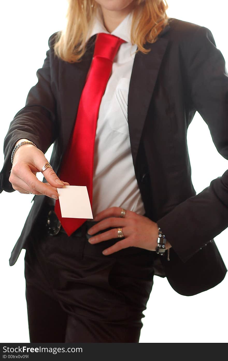 Pretty business woman holding a business card