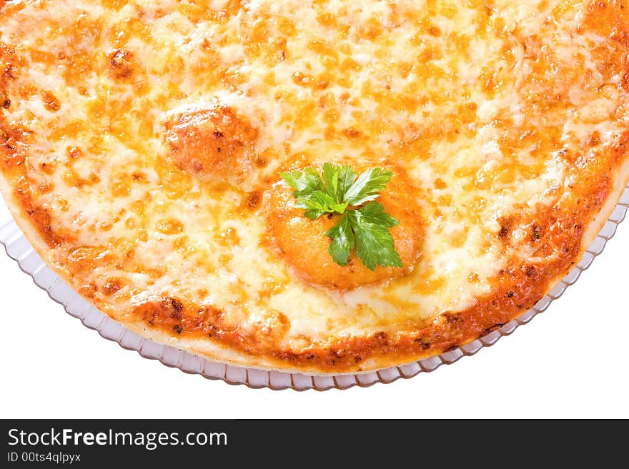 View of a part of Four Cheeses Pizza. View of a part of Four Cheeses Pizza