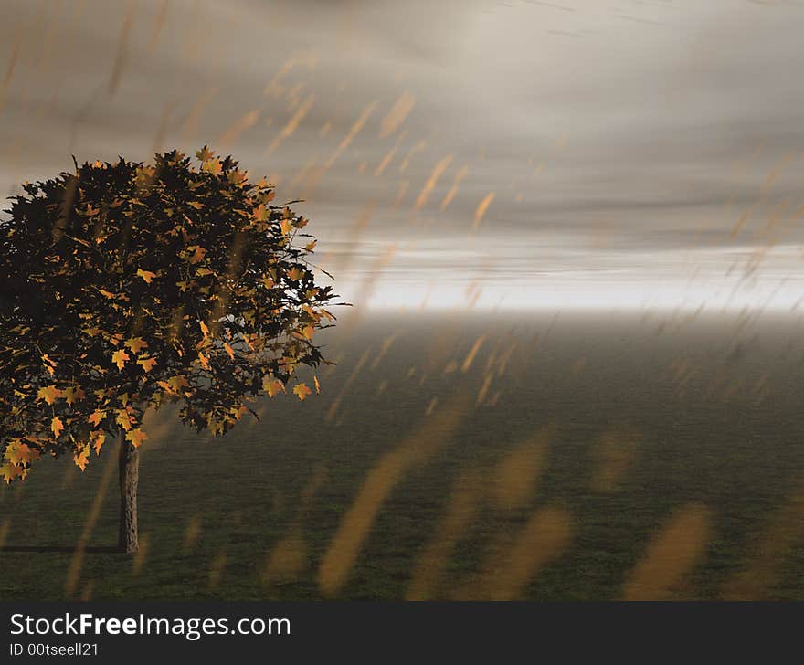 Illustration of rain pouring down on a solitary tree. Illustration of rain pouring down on a solitary tree.