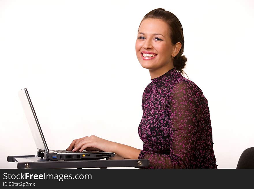 Nice caucasian girl with laptop isolated on white. Nice caucasian girl with laptop isolated on white