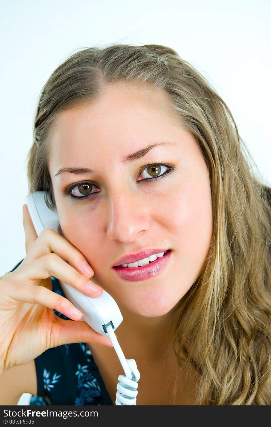 Young lady with white telephone