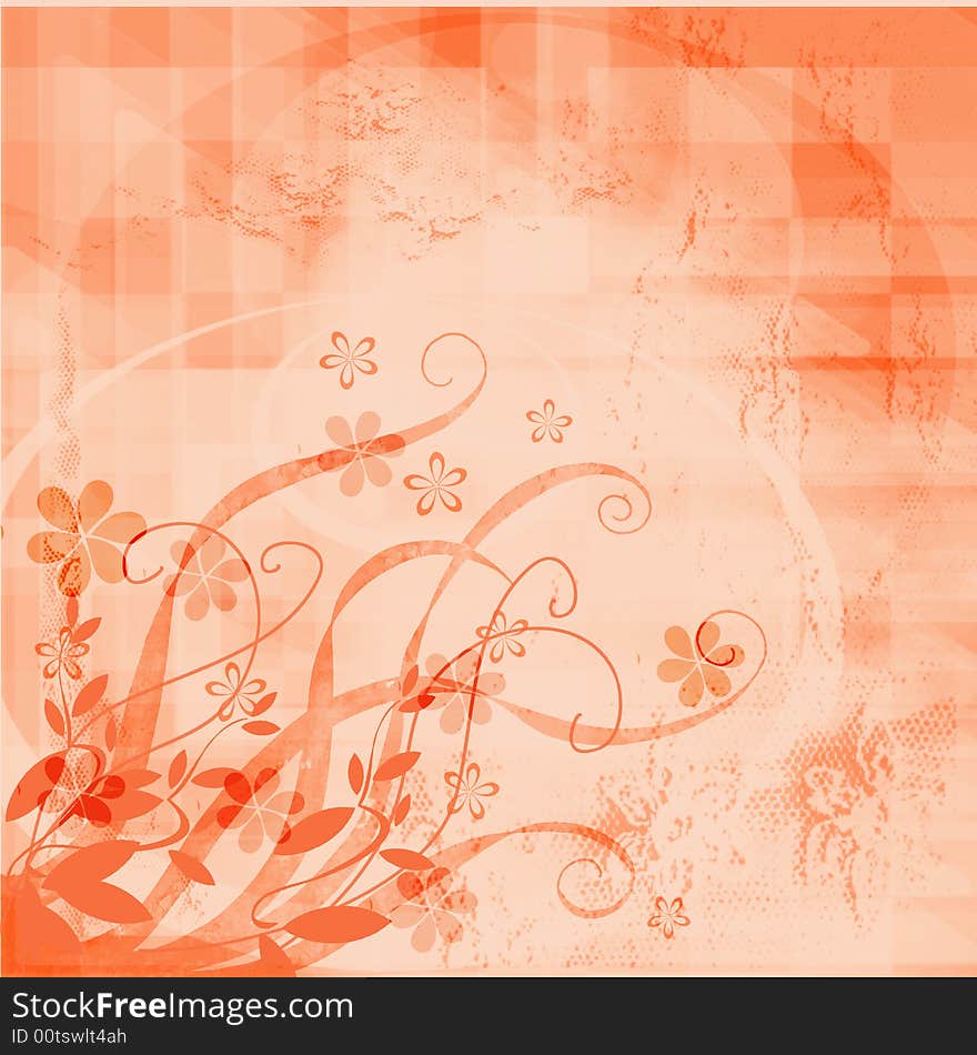 Peachy orange textured background with swirl and flower overlay. Peachy orange textured background with swirl and flower overlay