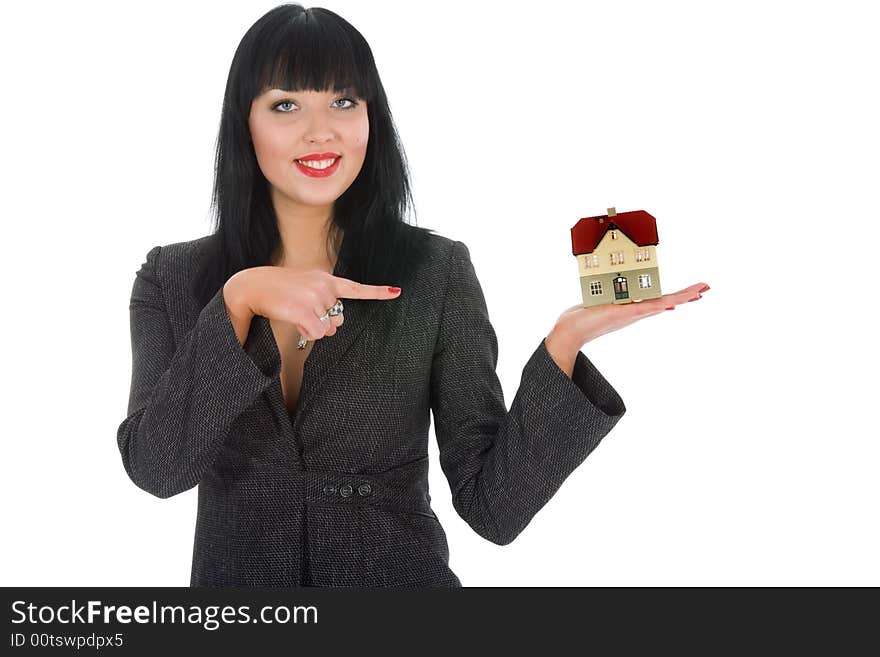 Business woman advertises real estate on white background