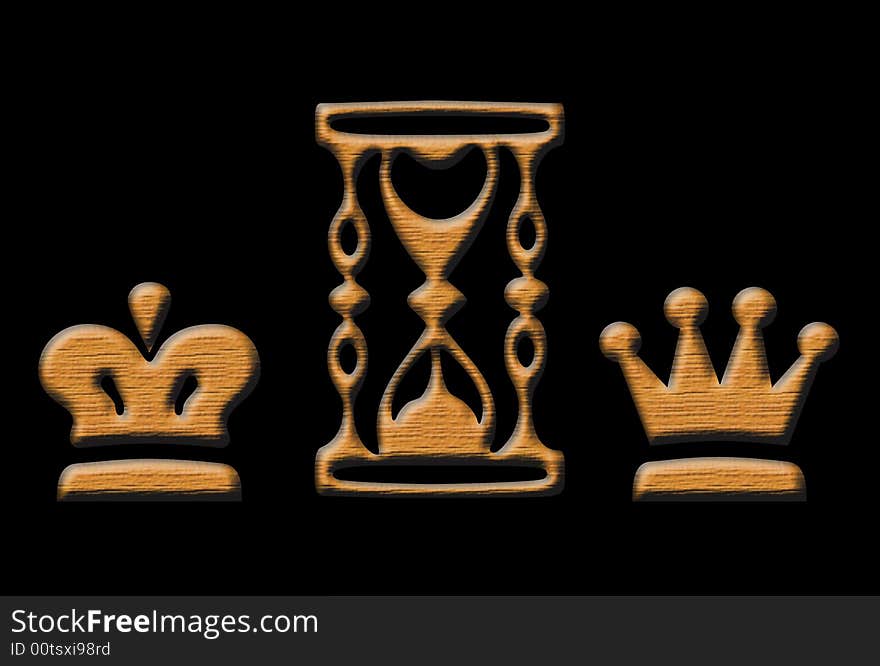 Abstract illustration - chess and sand-glass on the black background