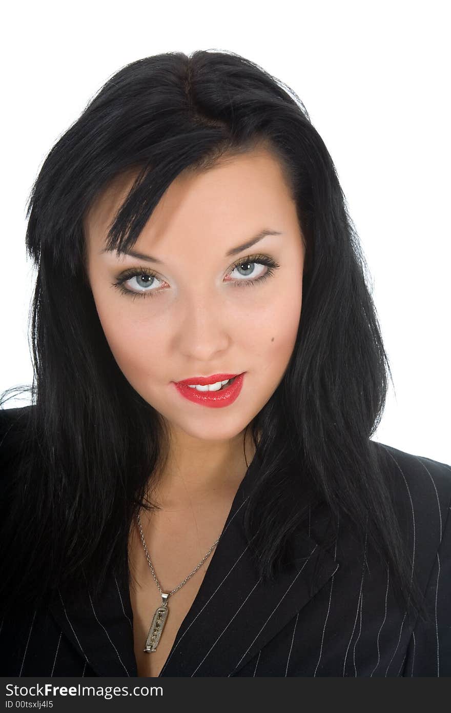 Portrait of the brunette with blue eye on white background