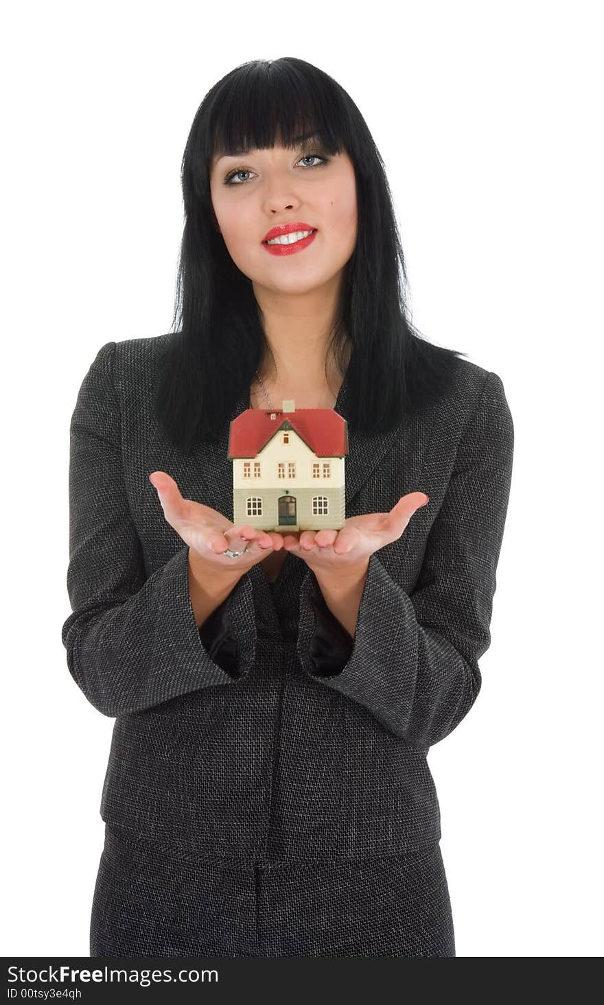 Business woman advertises real estate on white background