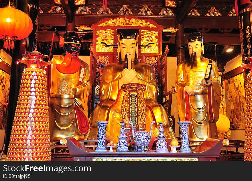 Interior of Chinese buddhist shrine in the city of Shanghai China